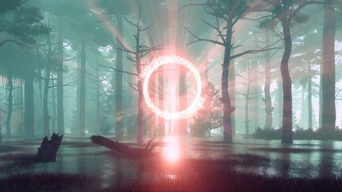 Mystical swampy forest with fantastic glowing portal to another world and supernatural fairy firefly lights soaring in the foggy air at sunset. Fantasy 3D animation rendered in 4K