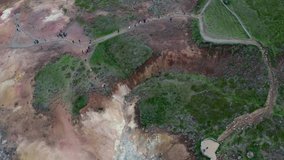 Volcano geothermal volcanic activity video - Aerial view of Iceland landscape nature showing volcanic active fumarole hot springs and mud pots. Adventure,travel destination concept.