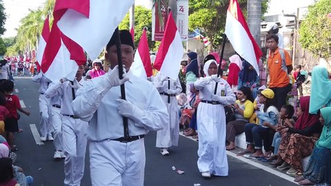 Tuban, East Java / Indonesia - August 29 2019: Marching Band by students to celebrate the independence day of Indonesia