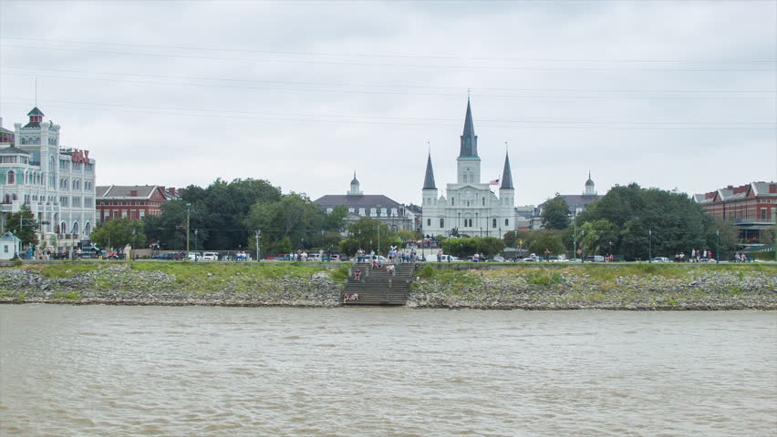 New Orleans French Quarter with the St Louis Cathedral Seen from a Boat on the Mississippi River