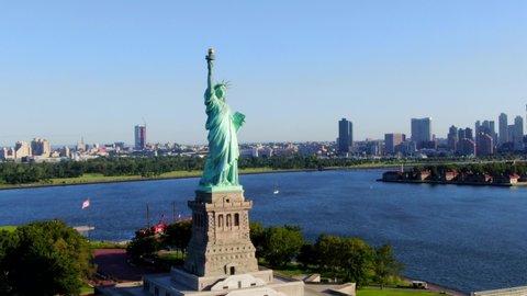This video shows aerial views of the Statue of Liberty.  The Statue of Liberty is a colossal neoclassical sculpture on Liberty Island in New York Harbor in New York, in the United States.