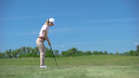 Inexperienced woman golfer dissatisfied about failed shot bad luck person, sport