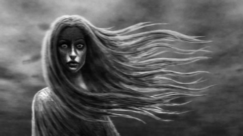 Young woman with flying hair on background of running clouds. Girl looks into camera. Fantasy 2D animation in black and white color. Animated dark female character. Gothic cruel ghost with evil eyes.