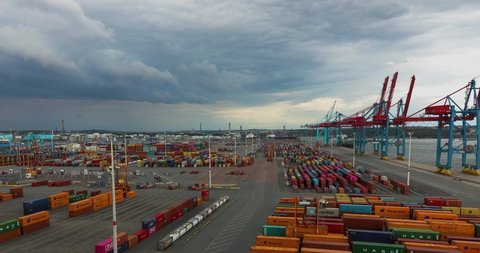 Gothenburg, Sweden - august 15, 2019 : 4K Panoramic timelapse Port container terminal
