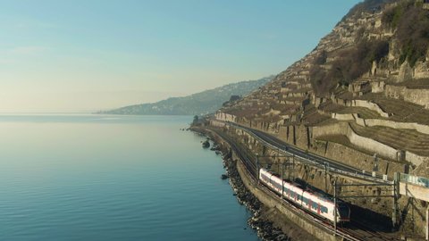 Passenger Train Goes Along Lake Geneva Shore. Terraced Vineyards of Lavaux. Switzerland. Aerial View. Medium Shot. Drone Follows Train