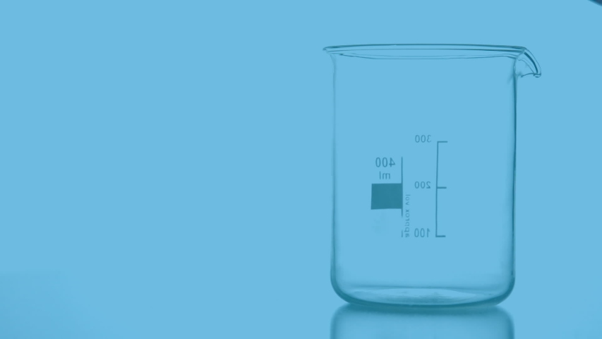 Animation of a laboratory beaker being filled with coloured chemical liquid, with handwritten formula, data and structural formula of chemical compounds on a blue background