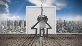 Animation of silver house keys and house shaped key fob hanging over a door opening with blue sky with clouds and cityscape in the background - Powered by Shutterstock - Get 15% off with code: PIKWIZARD15
