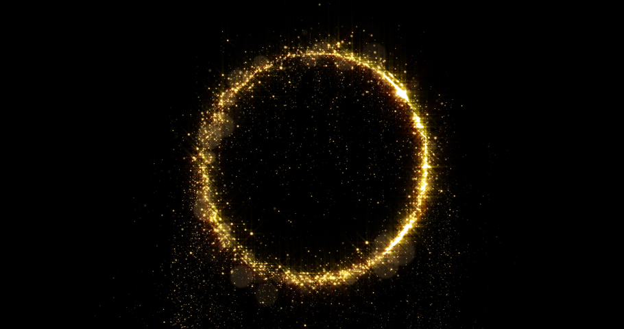 Golden glitter circle with sparkling light shine. Gold glittering ring, magic shimmer glow, bright light sparks with bokeh effect