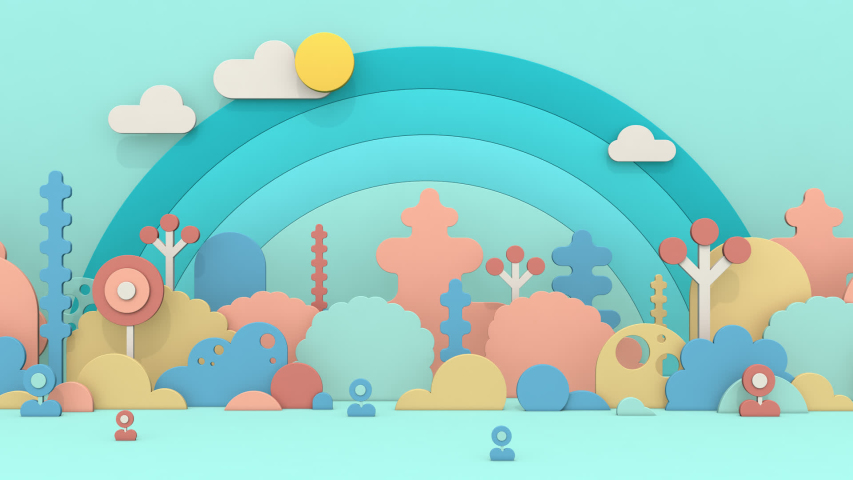 Looping motion video of a cartoon forest landscape with a rainbow and clouds