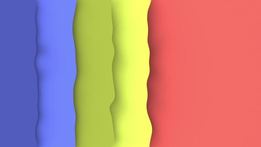 Bittersweet, Canary yellow, Olive green, Cornflower Blue and San Marino blue colors vertical paper cut soft wavy stripes slow motion. Abstract bright colorful background. 4k cg animation.