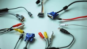 Different wire connectors for personal computer tangling together, stop motion