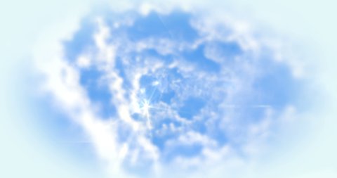 Blue bright clear sky 3d realistic footage. Moving through white clouds effect animation. Daytime skylight, tranquil cloudscape. Cloudy sky at sunny weather. Relaxation, idyllic scenery video