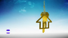 Animation of golden house keys and house shaped key fob hanging over 3d house models appearing in a row on blue sky in the background - Powered by Shutterstock - Get 15% off with code: PIKWIZARD15
