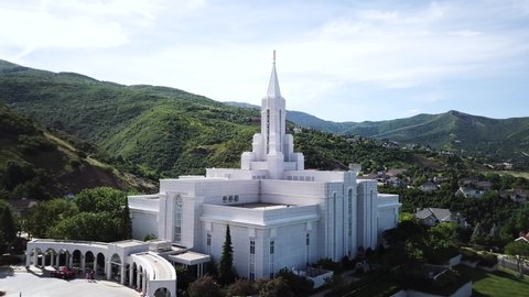 Bountiful , Utah / United States - 06 28 2018: Drone Shot of Mormon Bountiful Temple with Sun Flares