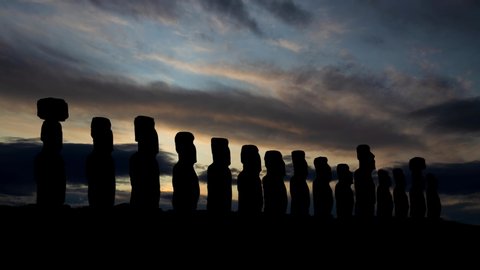 Moai: Ancient and Mysterious Sculpture in Easter Island, Time Lapse at Sunrise, Rapa Nui National Park, Polynesia, Chile