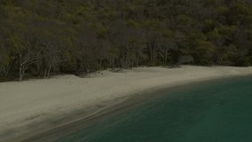 Panning shot of tree-lined ocean beach / Anse La Roche bay, Carriacou, Grenada