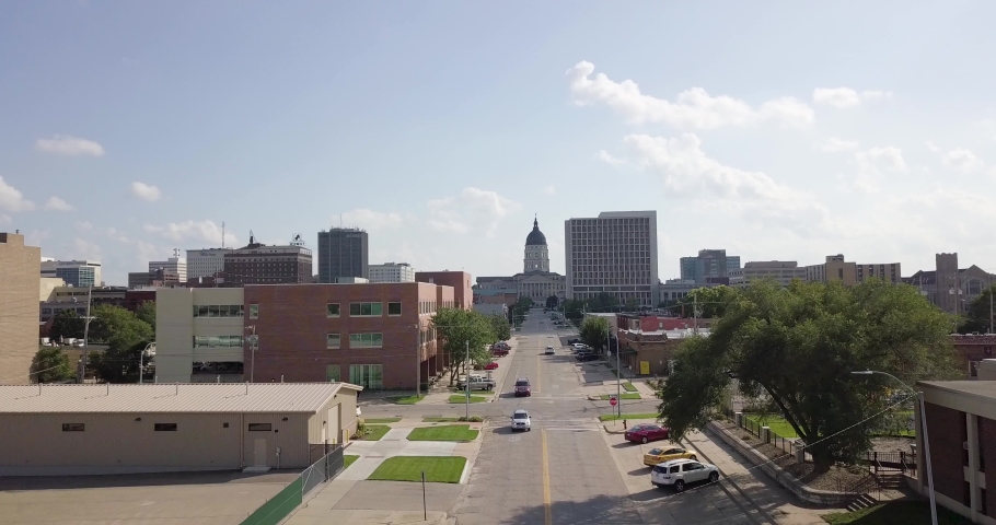 Aerial drone footage taken in downtown Topeka, Kansas.