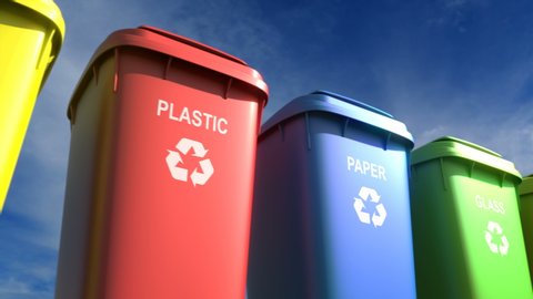 Plastic garbage bins with waste type label and recycle logo are the best for waste sorting systems. Separate garbage collection helps save the environment and decrease environment pollution. Loopable