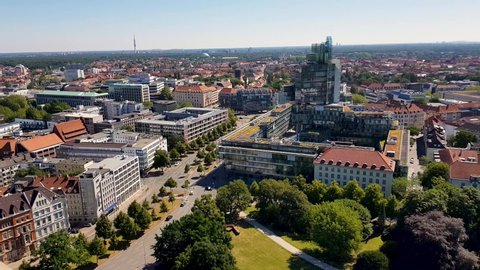 Hanover , Lower Saxony / Germany - 06 30 2019: Aerial view of traffic in Hanover, Germany