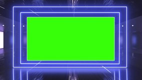Abstract creative metal stage and led, neon blank billboard, border. Video mock up for advertisement, green screen alpha channel and tracking markers.