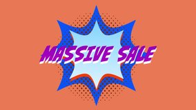 Animation of the words Massive Sale in purple letters on a star shaped banner with bright colours moving in the background - Powered by Shutterstock - Get 15% off with code: PIKWIZARD15