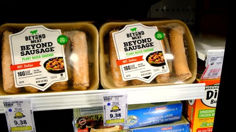 Los Angeles, CA/USA 8/28/2019 
Packages of Beyond Meat brand Plant Based burger patties in a supermarket refrigerated shelf