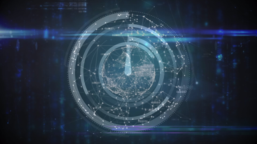 Animation of a fast moving clock with spinning data and network connections on a dark blue background | Shutterstock HD Video #1036390541