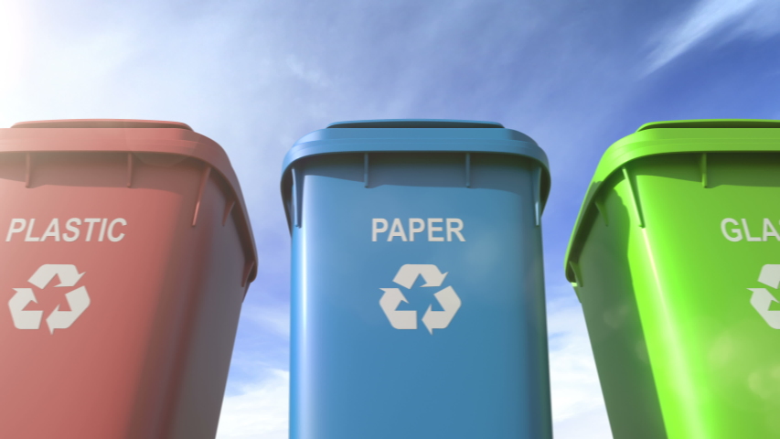 Plastic garbage bins with separate waste type label and recycle logo are used for waste sorting systems. Separate garbage collection decreases environment pollution and helps save the environment Royalty-Free Stock Footage #1036405907