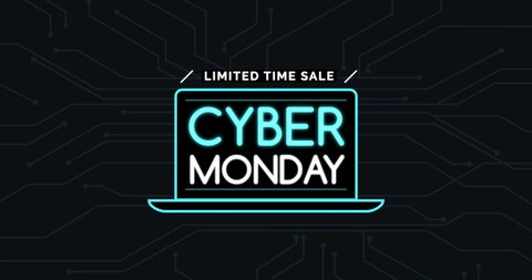 Cyber monday promotional sale banner with neon text and hi-tech background, e-shopping and offers concept