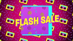 Animation of the words Flash Sale in yellow letters with a pink square and brightly coloured abstract shapes, silhouettes and tape icons on a purple background - Powered by Shutterstock - Get 15% off with code: PIKWIZARD15