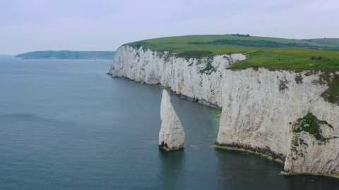 ENGLAND - CIRCA 2018 - Beautiful aerial over the white cliffs of Dover near Old Harrys Rocks on the south coast of England.