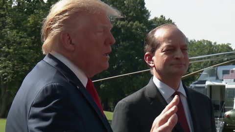 CIRCA 2010s - President Trump with Alex Acosta by his side speaks to the press about deporting illegal immigrants and immigration laws, 2019