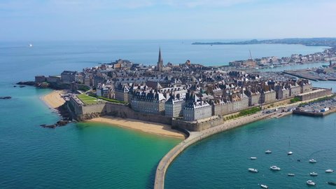 SAINT MALO, FRANCE - CIRCA 2018 - Beautiful aerial of Saint Malo, France with harbor, breakwater and pier.
