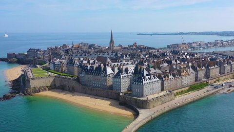 SAINT MALO, FRANCE - CIRCA 2018 - Beautiful aerial of Saint Malo, France with harbor, breakwater and pier.