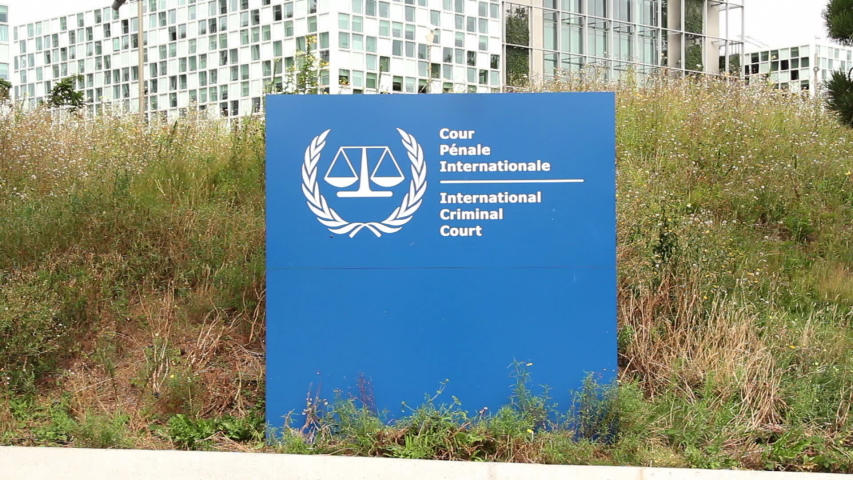 Sign of the International Criminal Court in The Hague. The ICC is located in The Hague, the Netherlands and works with the UN Security Council to prosecute suspects of grave crimes.
