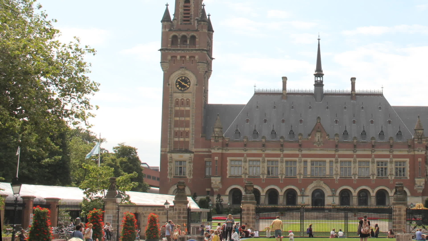 Time lapse of international court of justice The Hague - Peace Palace - left to right. It houses the International Court of Justice and is a popular tourist attraction in the Netherlands.