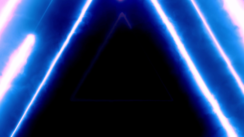 Neon bakcground flying through edless glowing rotating neon triangles creating a tunnel, blue red pink violet spectrum, fluorescent 3d rendering infinity light, modern colorful lighting, 4k