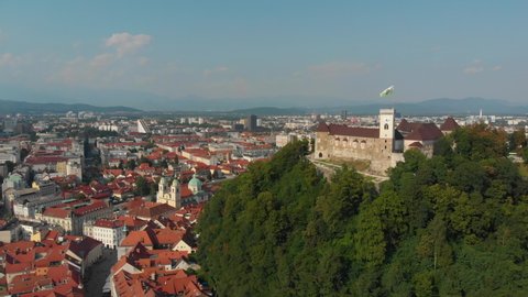Aerial video of downtown Ljubljana in Slovenia on a beautiful sunny day. June 2018