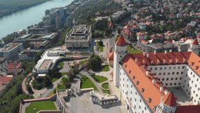 Aerial video of downtown Bratislava in Slovakia on a beautiful sunny day. June 2018