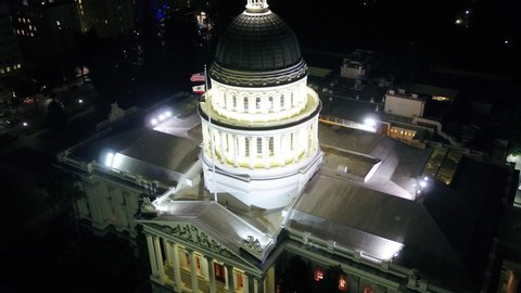 Aerial video of downtown Sacramento California at night. May 2019