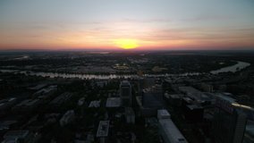 Aerial video of downtown Sacramento California during a beautiful sunset with a wide angle lens. May 2019