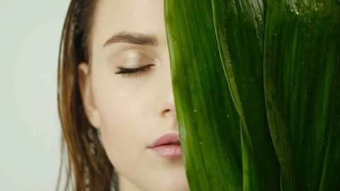 Face of young girl with clean smooth skin and with large leaves of plants. Natural and organic cosmetics, skin care. Natural make-up. Large leaves of plant cover half of female face. Opens eyes.