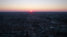 Aerial video of downtown Copenhagen in Denmark at sunset. June 2018