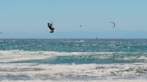 El Medano Beach, Canary Islands, Spain - 08 04 2019: Wind & Skate Surfers