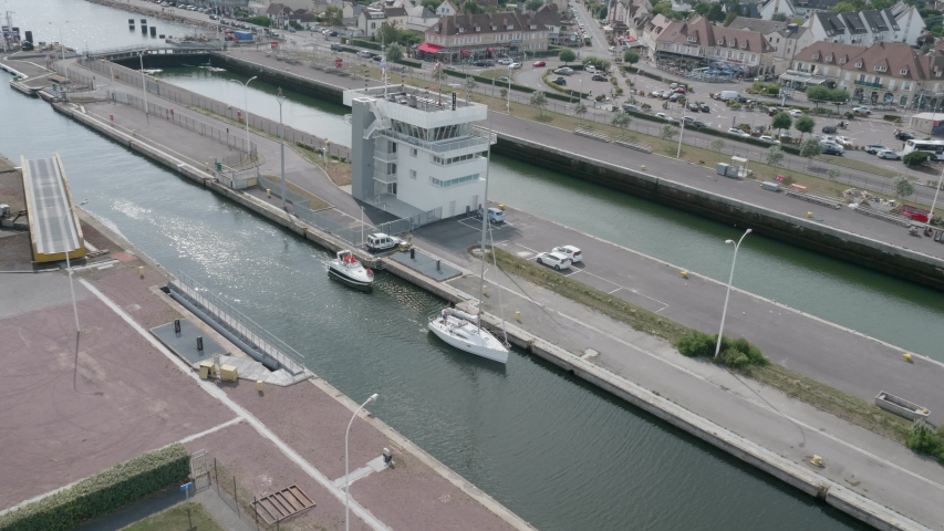 Maritime sign at the entrance to the port of Ouistreham, a commune in the department of Calvados in the Basse-Normandie region of northwestern France. 4k footage