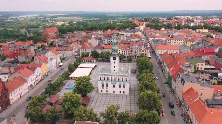 Aerial panoramic view of a Town Hall and Town Square in an Old Town in Europe