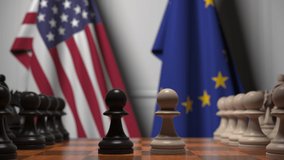 Flags of United States and EU behind chess board. The first pawn moves in the beginning of the game. Political rivalry conceptual 3D animation - Powered by Shutterstock - Get 15% off with code: PIKWIZARD15
