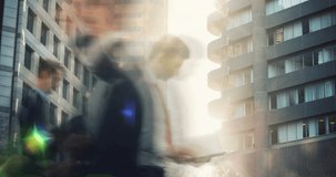 Animation of buildings and commuters walking in fast motion, seen on a screen of a digital camera in record mode with icons and timer 4k