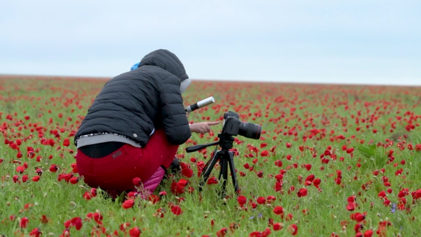 girl with a child photographs a field with poppies