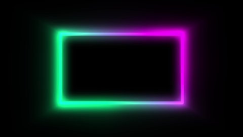 Glowing neon frame with vibrant colors on black background. Seamless looped 4K animation of shiny rectangle. abstract motion screen background animated box loop.